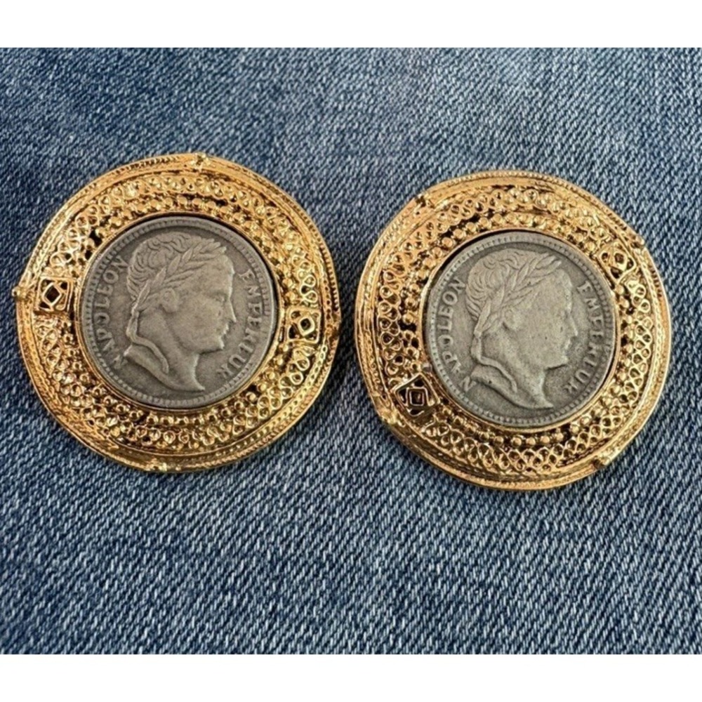 Vintage Gold & Silver Tone Napolean Coin Clip On Earrings Large